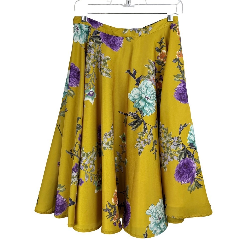 ModCloth Yellow Floral A Line Midi Skirt WOMEN SATIN CIRCLE RETRO M - Picture 6 of 9